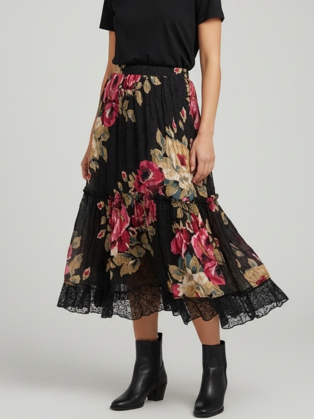ANU Natural Floral Lace Layer‎ Midi Skirt Medium